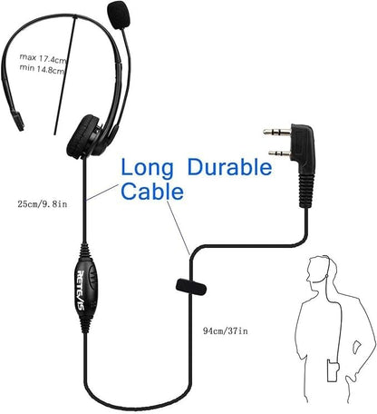 Retevis Overhead Walkie Talkie Headset, Boom Mic, for RT22/RT68/RT21/H777 | Adjustable Headband, 2 Pin, Compatible with Pxton, Baofeng, Kenwood Walkie Talkie, Walkie Talkie Earpiece with Mic (1 Pack)
