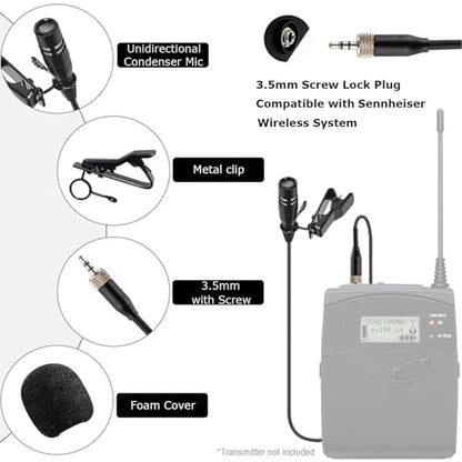 Lavalier Microphone Lapel Mic Compatible with Sennheiser Bodypack | Unidirectional Condenser Super Cardioid Clip-On Mic for Wireless Transmitter System with 3.5mm Female Screw Plug - style: 3.5mm Female Screw Plug Compatible with Sennheiser