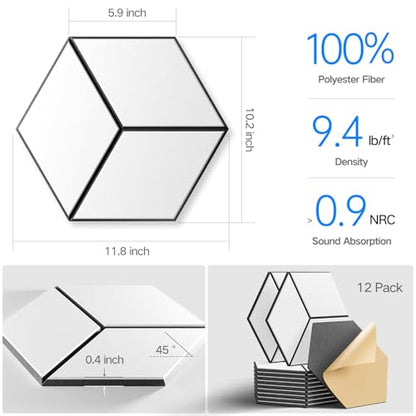 12-Pack Self-Adhesive Acoustic Panels 12" x 10" x 0.4" High-Density, Flame-Resistant Soundproof Foam. Absorbs Noise and Eliminates Echoes, Hexagonal 3D Design (White Face) - color: WhiteFace + BlackBase, size: Y-Cut Hexagon 12 Pack
