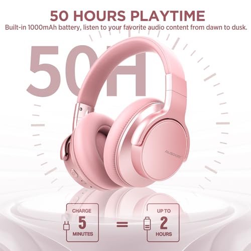 AUSDOM E7 Bluetooth Active Noise Cancelling Headphones, Wireless Over Ear ANC with Microphone, Hi-Fi Stereo Sound, 50H Playtime, Comfortable Earpads for Travel Work TV Phones, Rose Gold