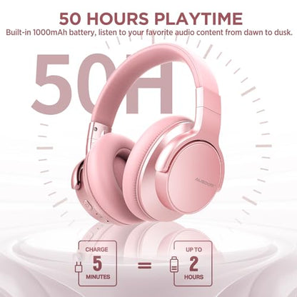 AUSDOM E7 Bluetooth Active Noise Cancelling Headphones, Wireless Over Ear ANC with Microphone, Hi-Fi Stereo Sound, 50H Playtime, Comfortable Earpads for Travel Work TV Phones, Rose Gold