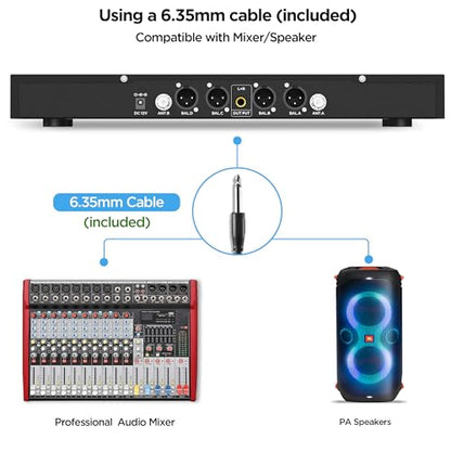 Bietrun 4-Channel Wireless Microphones System with 4 Handheld Mics, UHF Metal Dynamic Cordless Mics for Karaoke, Singing, Church, Family Theater(Auto Connect/295FT Range/Fixed Frequency), Black
