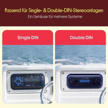 Pyle Durable Universal Marine Stereo Cover - Water Resistant Boat Radio Protector Shield with Flip-up Door & Neoprene Gasket - Compatible with Dual Shaft & DIN Style Stereos - Pyle PLMRCW3