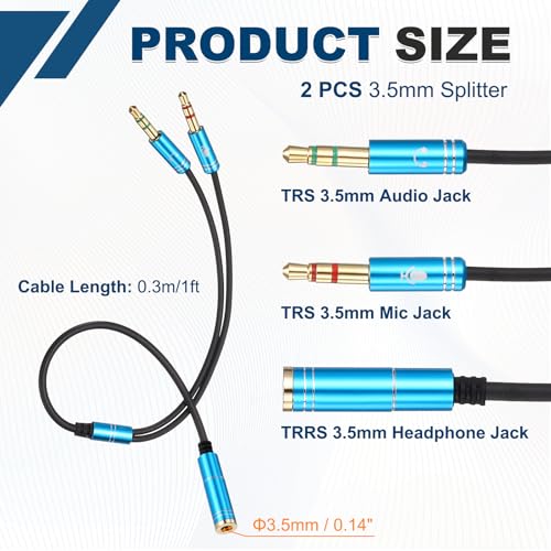 MECCANIXITY 3.5mm Splitter Female to 2 Dual 3.5mm Male Y Jack Splitter for Headphone Mic Audio PC Laptop Gaming Headsets, 1ft, Blue - color: Blue, size: 1ft