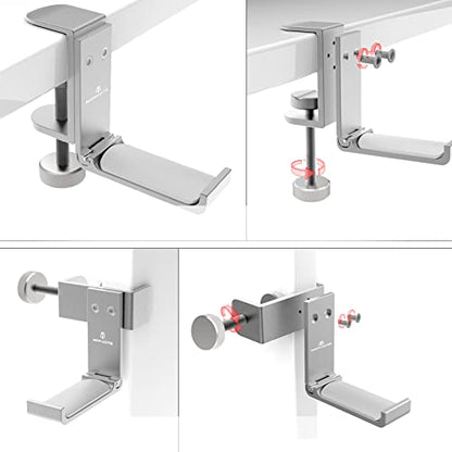 Foldable Headphone Stand and Hook – Aluminum Headset Holder Clamp Mount Under Desk, Universal Fit for Gaming Headphones, Space-Saving Hanger Organizer - color: Silver