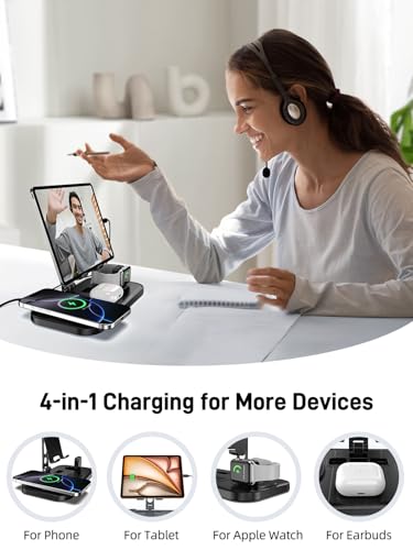 4 in 1 Wireless Charging Station with Stand for iPhone 16/15/14, Apple Watch 10/9/8, AirPods Pro 2 | Foldable Travel Charger | Nightstand Design (Black)
