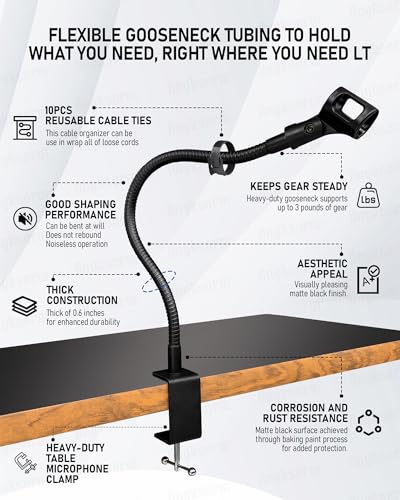 30-INCH Modular Microphone Stand Kit - Heavy-Duty Flexible Gooseneck Desktop Mic Stands Clamp Mount Base and Extension Tube