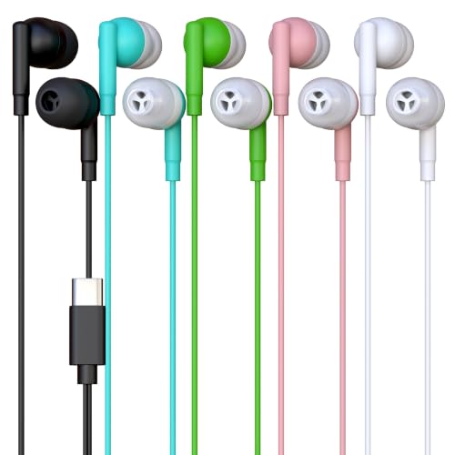 5 Pack Bulk Wired Earbuds, USB-C, in-Ear, Compatible with Phone, Tablet, Laptop, PC for School, Online Class, Meeting, Web Conference, Practice, Test, Mix
