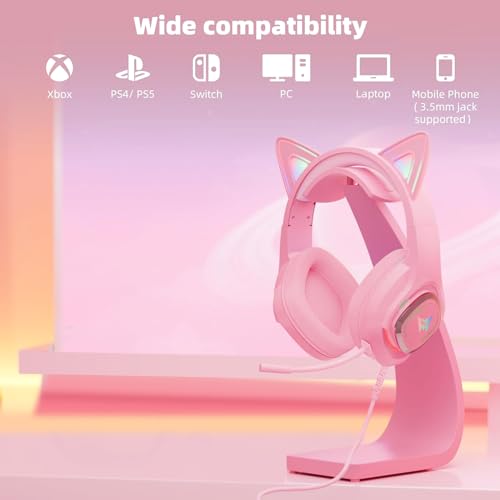 Cat Ear Gaming Headphones Wired AUX 3.5mm LED Headphones Over-Ear Headsets for Kids Girls with Microphone for PC, PS4, PS5, Switch, Xbox, Mobile, Mac, Laptop