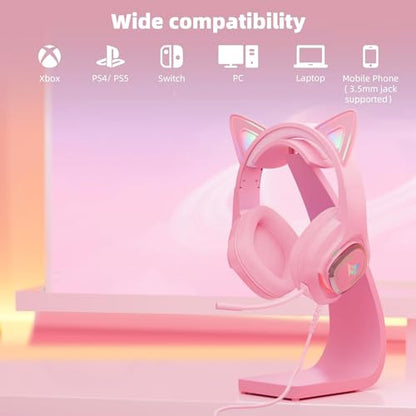 Cat Ear Gaming Headphones Wired AUX 3.5mm LED Headphones Over-Ear Headsets for Kids Girls with Microphone for PC, PS4, PS5, Switch, Xbox, Mobile, Mac, Laptop