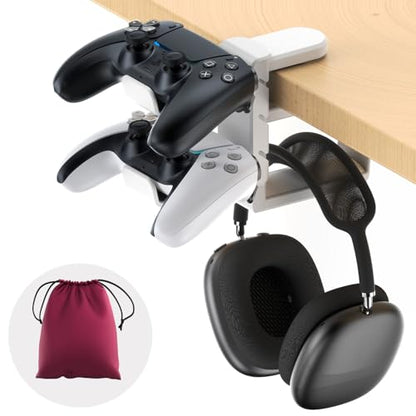 EURPMASK 3-in-1 Rotating Headphone Stand w/2 Detachable Controller Holders | Adjustable Clamp-on Headset Holder Hanger,Swivel,Gaming Headset Hanger,Cable Organizer,Father's Day Birthday Christmas Gift - color: Gaming Combo White