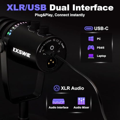 Professional Dynamic USB Microphone for Streaming Podcast Recording Gaming, with Broadcast Sound, Noise Reduction, USB-C/XLR Dual Output, Cardioid Pattern, Plug & Play for PC/Computer/Laptop