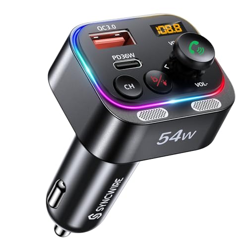 Syncwire Bluetooth 5.4 FM Transmitter Car Adapter 54W with Light Switch | [Stronger Dual Mics] [HiFi Bass Sound] [Fast Charging] Wireless Radio Receiver Hands-Free Calling LED Display - color: Black