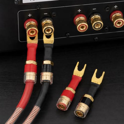 4-Pack Y-Spade to 4mm Banana Female Jack Socket Adapter, 24K Gold-Plated OFC Copper, Self-Locking 45° Fork, for Speaker Wire, Amplifier, AV Receiver, Home Theater, Hi-Fi Binding Post