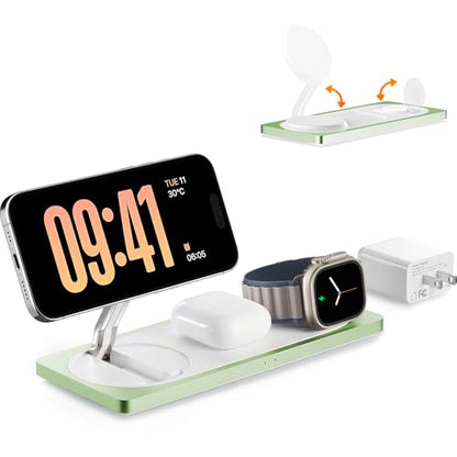 3 in 1 Wireless Charging Station for Apple Devices with MagSafe | For iPhone 17/Air/16/15/14/13/12, AirPods & Apple Watch, Foldable Portable Aluminum Charging Stand, Adapter Included - color: Sprout Green