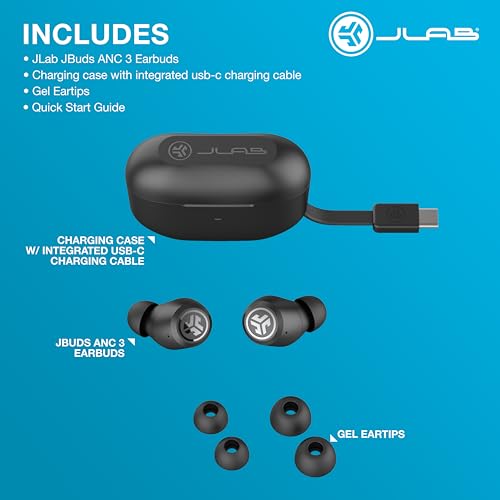 JLab JBuds ANC 3, True Wireless Earbuds, Active Noise Cancelling, Multipoint Connect, Google Fast Pair, Black