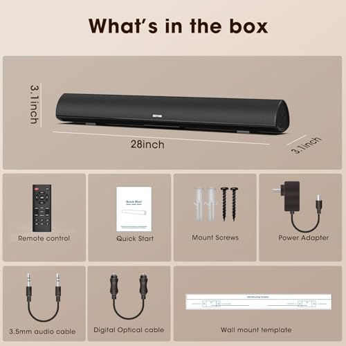 BESTISAN Soundbar, TV Sound Bar with Wired HDMI and Wireless Bluetooth 5.0 Home Theater System (28 Inch, Enhanced Bass Technology, 3-Inch Drivers, Bass Adjustable, Wall Mountable, DSP) - color: 28 inch black