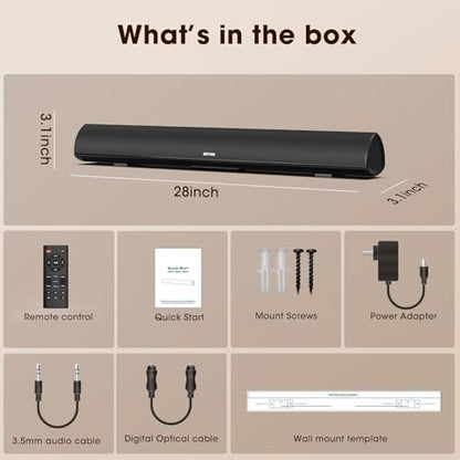 BESTISAN Soundbar, TV Sound Bar with Wired HDMI and Wireless Bluetooth 5.0 Home Theater System (28 Inch, Enhanced Bass Technology, 3-Inch Drivers, Bass Adjustable, Wall Mountable, DSP) - color: 28 inch black