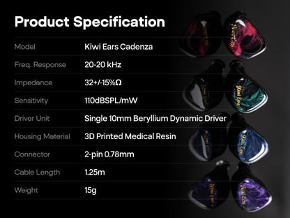 Linsoul Kiwi Ears Cadenza 10mm Beryllium Dynamic Driver IEMs, Blue | with 3D-Printed Shell, Audiophile Sound Balance, Detachable 0.78 2pin 3.5mm IEM Cable for Music Enthusiasts Musicians - color: Blue