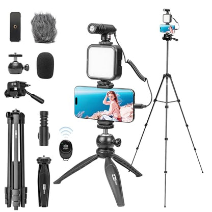 Content Creator Essentials w/Camera Tripod,Light & Mic Vlog K4 | Vlogging Kit for iPhone & Android,w/ Shotgun Microphone,59" Camera Mount Tripod,LED Light,Ball Head Mount for Video Recording - size: VLOGK4(Shotgun Mic)