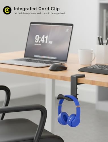 Headphone Holder Hanger Upgraded with Rotating & Adjustable Clamp for Controller & Headphones, Headset Stand Under Desk Hook Mount Built in Cable Clip