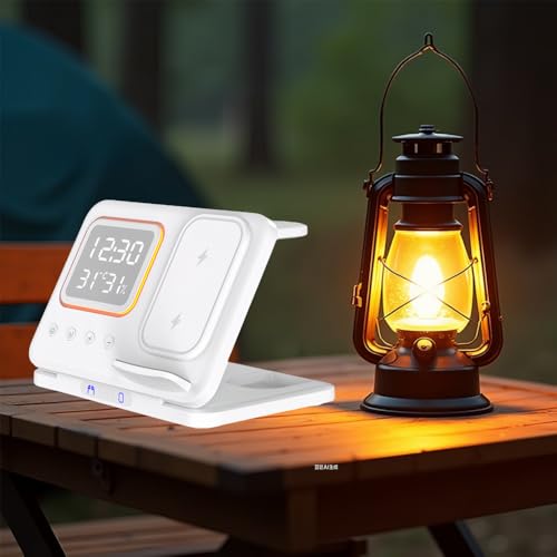 IHAO 5in1 Multi Functional Wireless Charging Station Digital Clock 15W Fast Charging Temperature Display Wireless Charger for All Qi Phone and TWS Headphone Compliant with Apple Watch-DH15 White - color: 5IN1 Wireless Charger Alarm Clock DH15 White