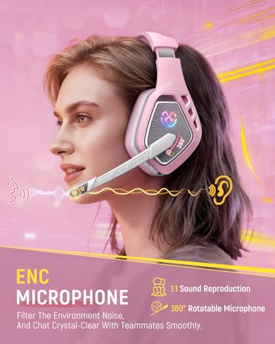 Tatybo Wireless Gaming Headset with Mic, 7.1 Sound 50mm Driver, White Pink | FPS & RPG Audio, 2.4G/BT 5.3/USB-C, 30H battery, Low latency for PS5/PS4/PC/Switch/Laptop/Mobile - color: White Pink