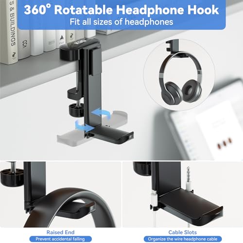KDD 5 in 1 Desk Controller Holder - Rotating Headphone Hanger with Cup Holder - Clamp On Desk Organizer Holds Controller, Headphone, Cup, Mobile Phone and Pen(Black)