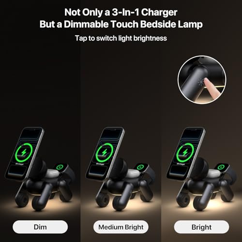 UEQ 3 in 1 Wireless Charging Station for Apple Devices,Foldable Cute Magnetic Mag-Safe Wireless Charger Stand with Night Light for iPhone 17 Air 16 15 14 13 12 Series,AirPods 4 3 2 Pro,Apple Watch - color: Black