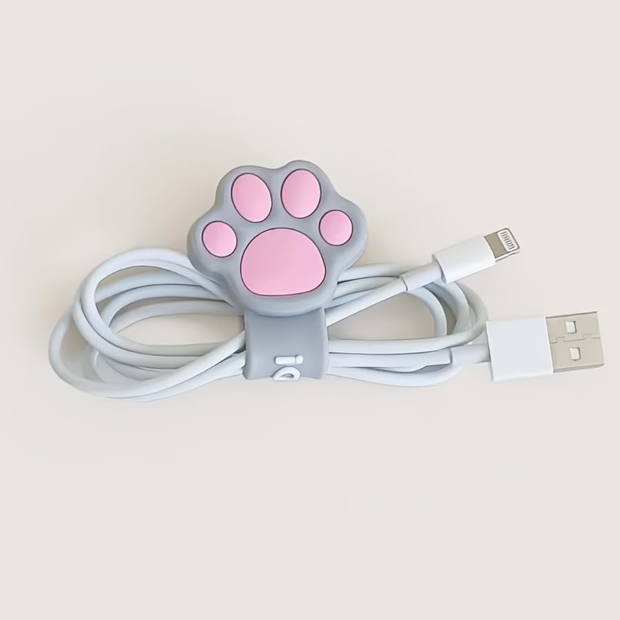 1PCS Cute Paw Print Cable Organizer Clip - Reusable Silicone Data Cable Storage Holder For Earphones And Charging Cables - color: Grey 1