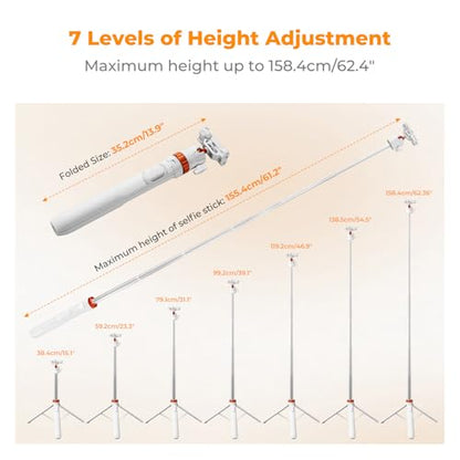 K&F CONCEPT 62'' Selfie Stick Tripod. | 2-in-1 Phone Holder, 360°Ball Head Compatible with DJI Osmo Pocket 4/3 GoPro 13/12 iPhone17. MS08 - color: White