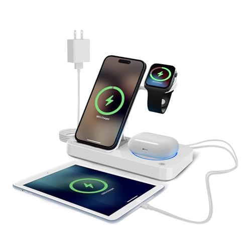 4 in 1 Wireless Charging Station for iPhone, Apple Watch & AirPods - Wireless Charger for iPhone Series 16/15/14/13/12 - Apple iWatch Series 7/9/8 with Extra USB Port & Foldable Design – White