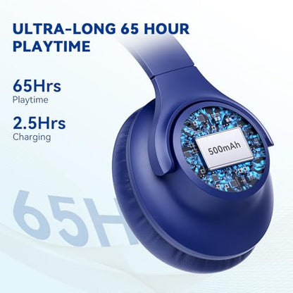 KVIDIO Bluetooth Headphones Wireless Over Ear Headsets 65H Playtime | Deep Bass, HiFi Stereo, Bluetooth 6.0, Microphone, Comfortable Fit, Foldable, Lightweight, Low Latency for Travel Home Office - color: Blue
