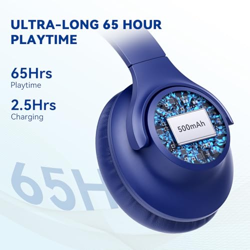 KVIDIO Bluetooth Headphones Wireless Over Ear Headsets 65H Playtime | Deep Bass, HiFi Stereo, Bluetooth 6.0, Microphone, Comfortable Fit, Foldable, Lightweight, Low Latency for Travel Home Office - color: Blue