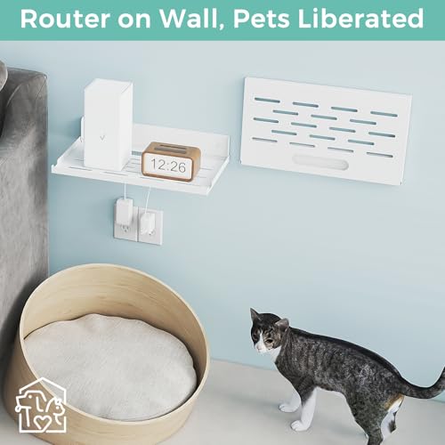 Router Shelf Wall Mount Foldable - 14" Width for Router and Modem | Fold Up Metal Shelf w/Cable Hole & Heat Vents | Space-Saving Holder for WiFi Devices/TV Box (14" W×8" D, White) - color: White (14-inch)