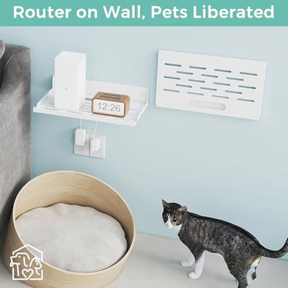 Router Shelf Wall Mount Foldable - 14" Width for Router and Modem | Fold Up Metal Shelf w/Cable Hole & Heat Vents | Space-Saving Holder for WiFi Devices/TV Box (14" W×8" D, White) - color: White (14-inch)