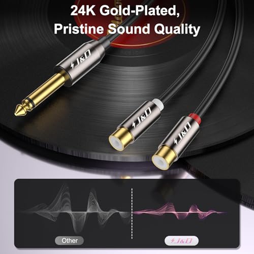 J&D 6.35mm Audio Adapter Cable - 1/4" Mono TS to Dual RCA Female Y Splitter with Gold Plated Connectors for Mixing Consoles and Stereo Systems (8-inch)