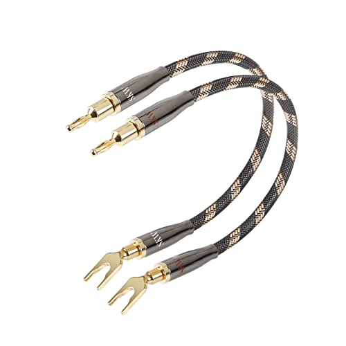 SKW HI-FI Speaker BiWire Jumpers Banana to Spade, Set of 2 (2 Cables) | 14AWG, Ultra-high Purity Copper, convertible plugs, dual-shielded, braided jacket, bi-wire speaker binding post bridge