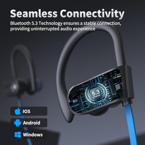 JOYWISE Wireless Headphones Bluetooth 5.3 Headphones with 16 Hours Playtime, Over-Ear Stereo Bass Earphones with Earhooks Headset, Sports Earbuds with Storage Bag for Running, Blue - color: Blue