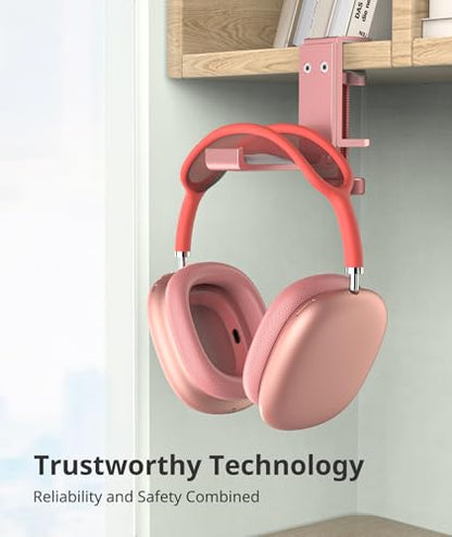 Headphone Stand for Desk – Aluminum Under Desk Headset Stand with Foldable Hook, Headphone Holder Clamp Mount for Gaming Accessories, Space-Saving Headset Hanger - color: Pink