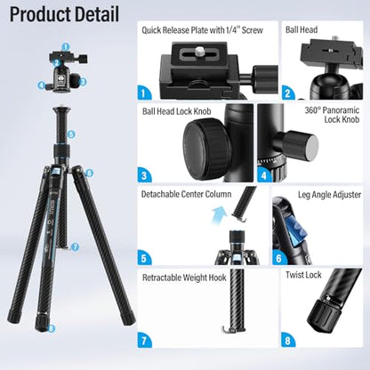 SIRUI 60" Carbon Fiber Tripod for Camera with 360° Panoramic Ball Head, Arca QR Plate, Compact Lightweight 2.1lbs Travel Tripod for DSLR Video Camcorder, Max Load 10kg, Traveler X-III - size: 60" Ball Head Tripod