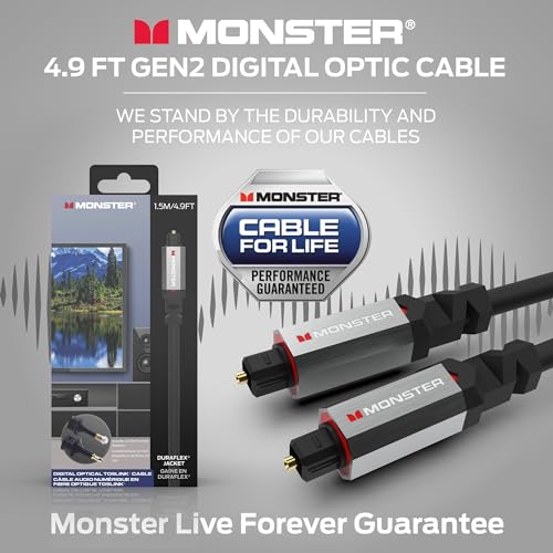 Monster Gen2 Essentials Digital Optical Audio Cable (Toslink, SPDIF), Fiber Optic Cable for TV, Soundbar & Home Theater System, Gold-Plated Connectors, 4.9ft