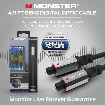 Monster Gen2 Essentials Digital Optical Audio Cable (Toslink, SPDIF), Fiber Optic Cable for TV, Soundbar & Home Theater System, Gold-Plated Connectors, 4.9ft