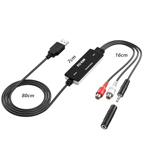 USB 2.0 Audio Grabber with USB-C Adapter – Analog to Digital Converter, Dual RCA/3.5mm Inputs, Vinyl/Cassette to MP3 USB Capture Card for PC/Mac/Linux