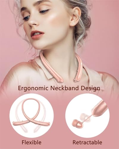 Auto Retractable Earbuds Earphone Neckband Bluetooth Headphones 9D Surround Sound HiFi Stereo Neck Hanging ENC Noise Reduction 10H Music Time IPX5 Waterproof Ultra-Lightweight Comfort for Sports - color: Pink