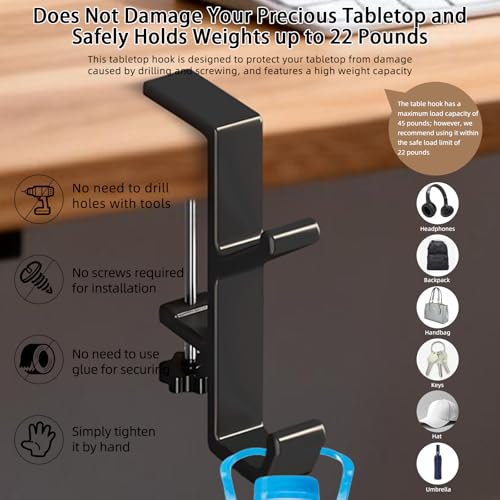 Desk Mount Bag Holder Hook Clamp, Bag Hook 1 Pcs-Double Hook Black | Portable Purse Hook for Table, Reduce Desk Clutter, Desk Mount Headphones Holder, Backpack Hanger, Table Hanging Storage - color: 1 Pcs-Double Hook Black