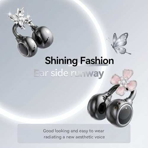 Open Ear Wireless Earbuds for Women with Makeup Mirror Charging Case, Clip-on Bluetooth 6.0 Headphones with Spatial Audio, Includes Flower & Butterfly Earrings, Long Battery Life (Black) - color: Black