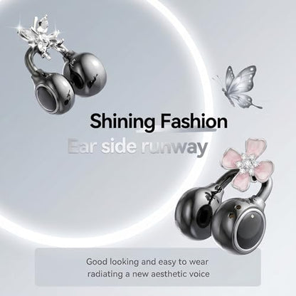 Open Ear Wireless Earbuds for Women with Makeup Mirror Charging Case, Clip-on Bluetooth 6.0 Headphones with Spatial Audio, Includes Flower & Butterfly Earrings, Long Battery Life (Black) - color: Black