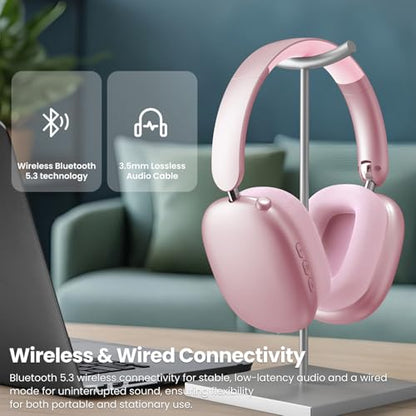 Wentronic Y01 Wireless Noise Canceling Headphones Bluetooth 5.3 Over Ear Headphones with Microphone, Hi-Res Audio, 48H Playtime, Foldable Comfortable Earpads,Compatible with iOS,Android,PC, Pink - color: Pink