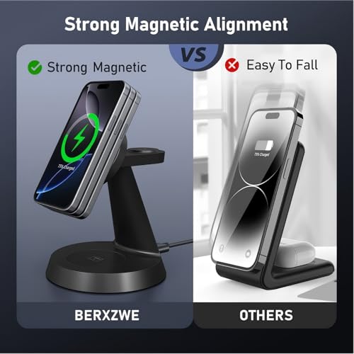 iPhone Charging Station 3 in 1 Wireless Charger for Apple Devices, 15W MagSafe Stand Compatible with iPhone 17 16 15 14 13 12 Pro Max Plus, Charging Dock for AirPods 4 3 2 & iWatch Series (Black) - color: Black